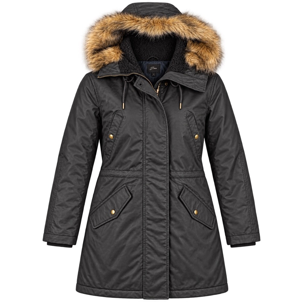 J.Crew Parka Womens S Faux Fur Hood Black Quilted Lining Gold Hardware Coat